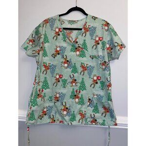 Women's Gabby Brooke Christmas Tree Reindeer Medical Nurse Scrub Top Size XL